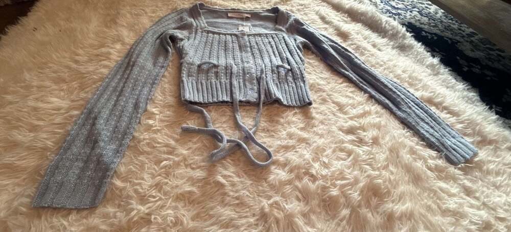 All in Favor Blue Ribbed Knit Cropped Tie-Front Cardigan